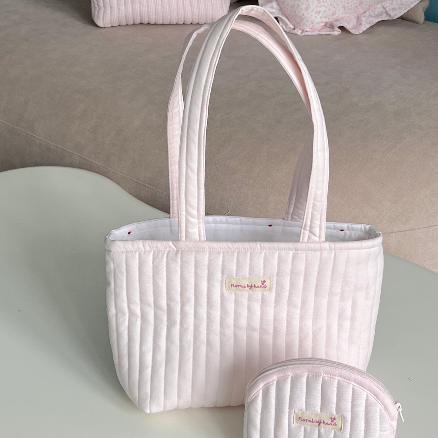 Pastel Pink Quilted Tote Bag - Hand-embroidery optional