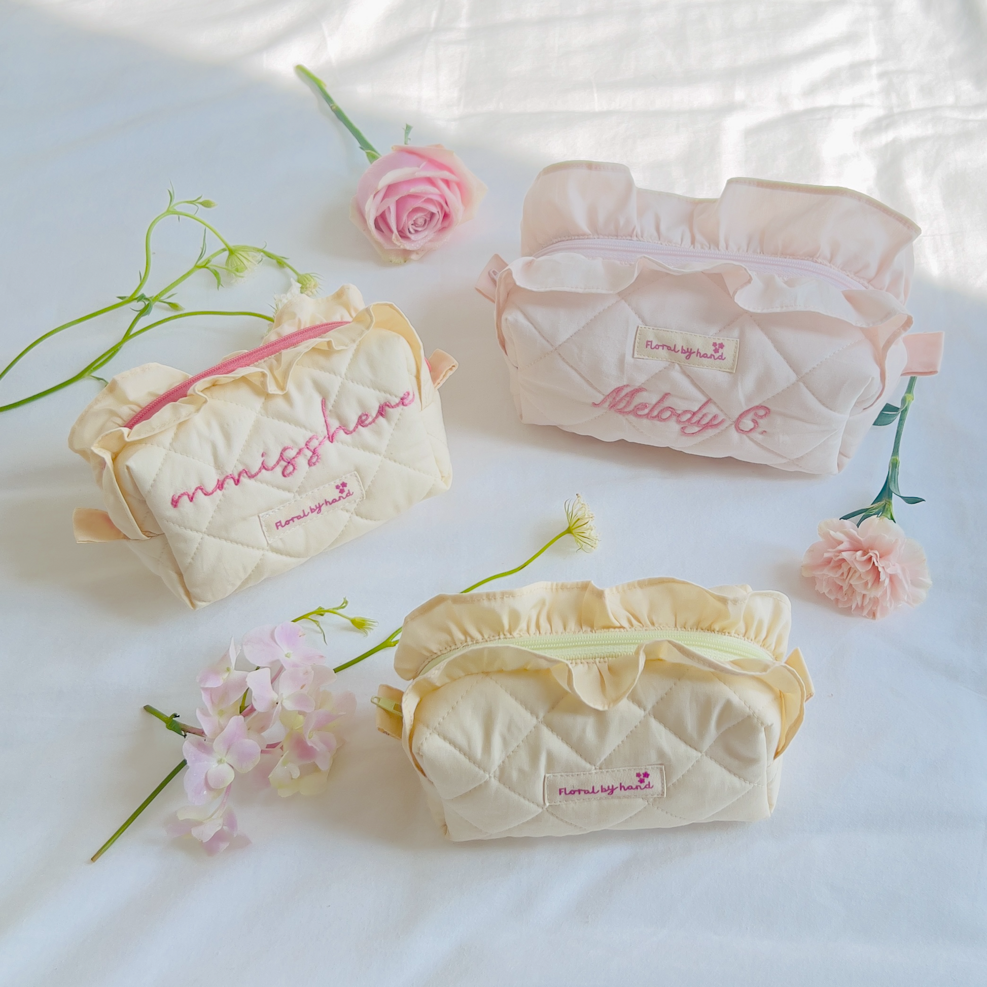 handmade embroidery customization custom ruffles pastel baby yellow pink mint cosmetic pouch make up bag vanity beauty case toiletry coquette aesthetic pinterest barbie ballerina core bridesmaid gift idea for her holiday fall outfits 