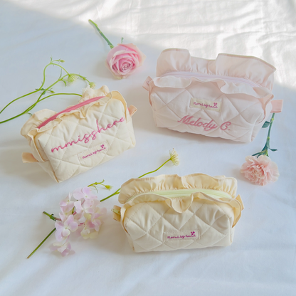 handmade embroidery customization custom ruffles pastel baby yellow pink mint cosmetic pouch make up bag vanity beauty case toiletry coquette aesthetic pinterest barbie ballerina core bridesmaid gift idea for her holiday fall outfits 
