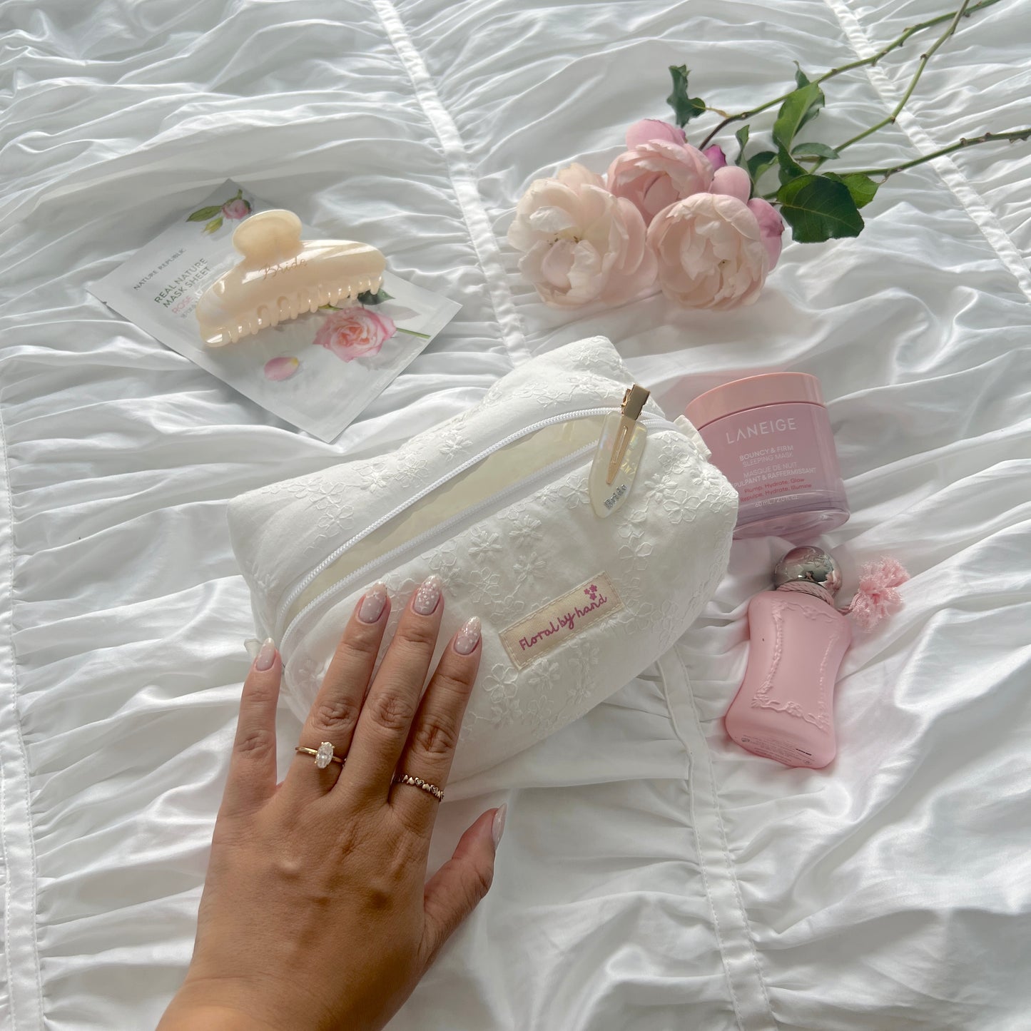 white lace floral embroidery pouch pink butter pastel yellow soft beauty case make up bag cosmetic bride bridesmaids gift