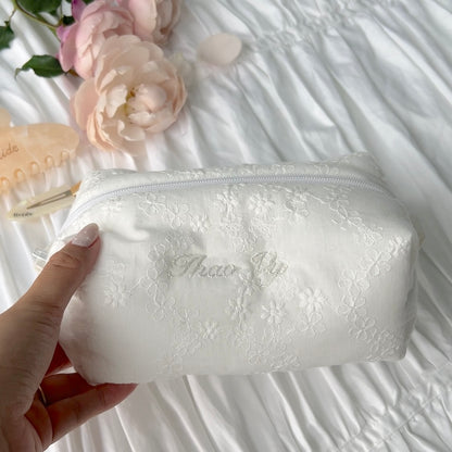 white lace customized personalized name embroidery bride cosmetic pouch soft beauty case make up bag bridesmaids gift pinterest girly feminine 