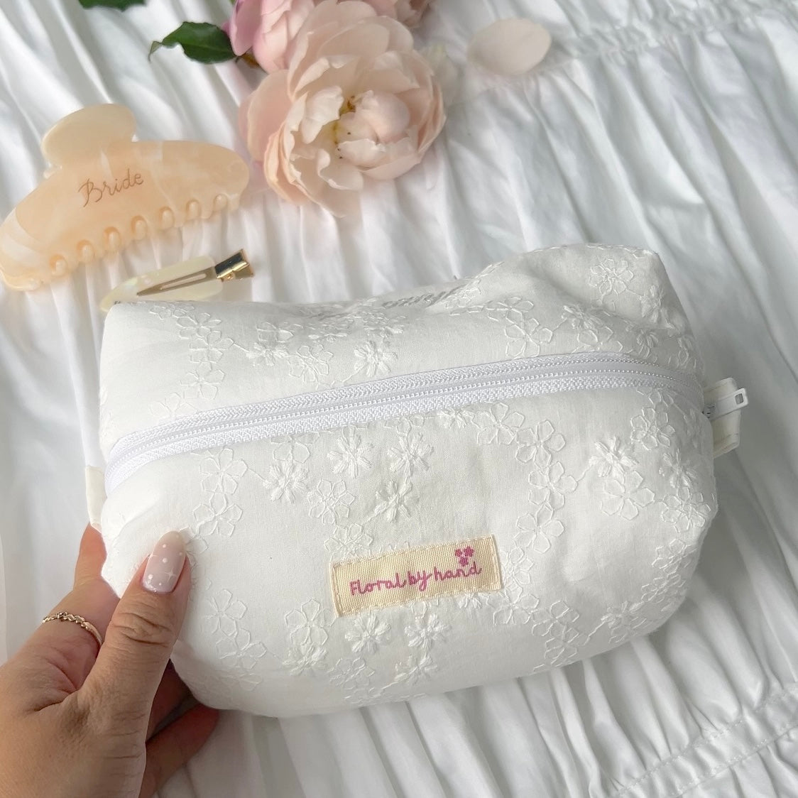 white lace embroidery quilted  cosmetic pouch soft beauty case make up bag  bride bridesmaids gift
