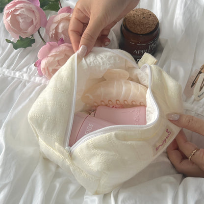 white pastel butter yellow lace quilted cosmetic pouch soft beauty case make up bag bride bridesmaids gift pinterest girly feminine 