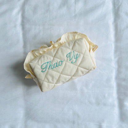 handmade embroidery customization custom ruffles pastel baby yellow pink mint cosmetic pouch make up bag vanity beauty case toiletry coquette aesthetic pinterest barbie ballerina core bridesmaid gift idea for her holiday fall outfits 