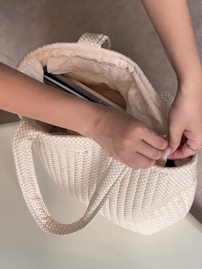 Vanilla Gingham Quilted Tote Bag