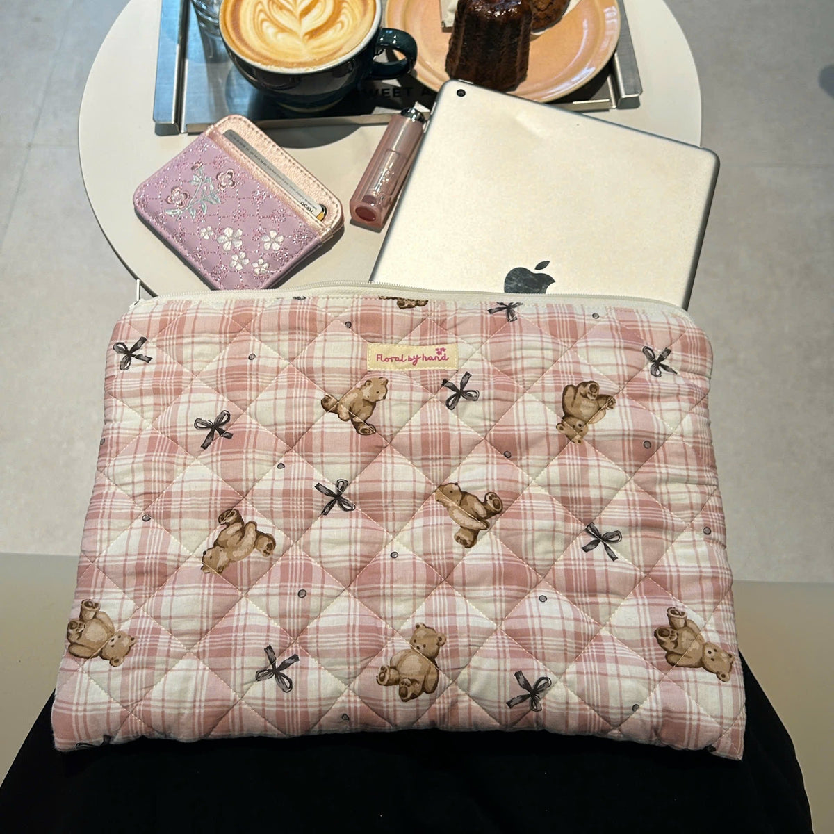 Pink teddy bear quilted 14 inch laptop sleeve in pastel gingham cotton