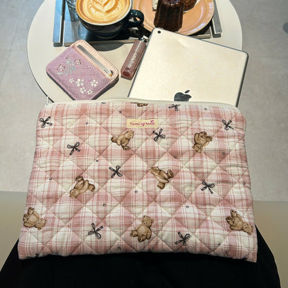 Pink teddy bear quilted 14 inch laptop sleeve in pastel gingham cotton