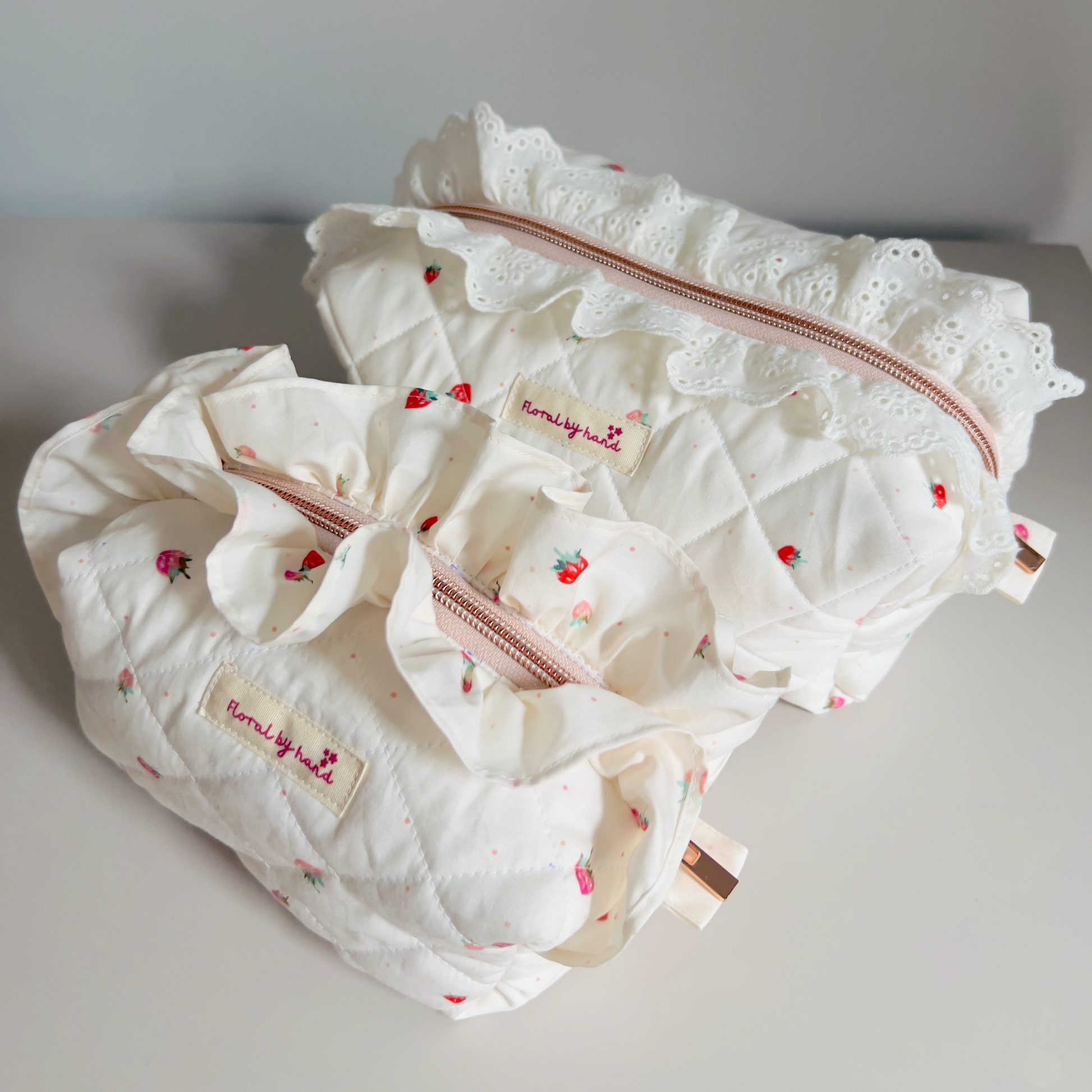 handmade soft cute aesthetic strawberry ruffle cosmetic pouch minimalism white pink pinterest makeup beauty case vanity 