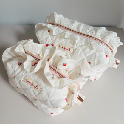 handmade soft cute aesthetic strawberry ruffle cosmetic pouch minimalism white pink pinterest makeup beauty case vanity 