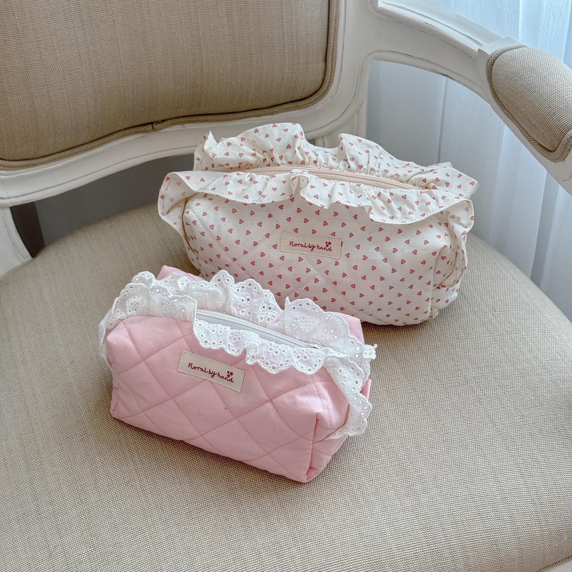 handmade soft quilted pink flamingo white lace ruffles cosmetic pouch makeup bag vanity toiletry beauty case coquette pinterest aesthetic ballerina princess barbie gift idea for her bridesmaids holiday chritmas fall outfits