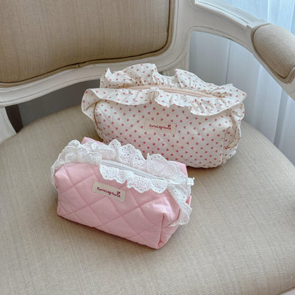 handmade soft quilted pink flamingo white lace ruffles cosmetic pouch makeup bag vanity toiletry beauty case coquette pinterest aesthetic ballerina princess barbie gift idea for her bridesmaids holiday chritmas fall outfits