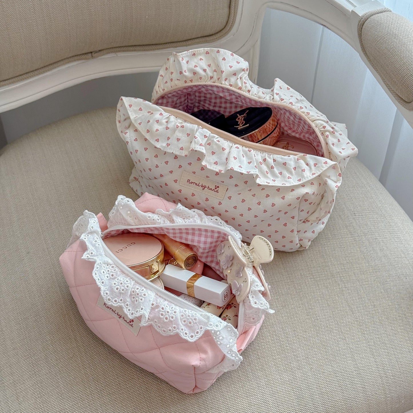 handmade soft quilted pink flamingo white lace ruffles cosmetic pouch makeup bag vanity toiletry beauty case coquette pinterest aesthetic ballerina princess barbie gift idea for her bridesmaids holiday chritmas fall outfits