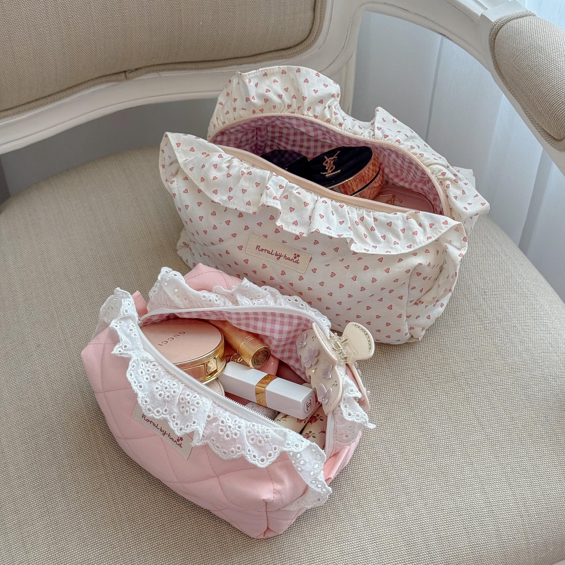 handmade soft quilted pink flamingo white lace ruffles cosmetic pouch makeup bag vanity toiletry beauty case coquette pinterest aesthetic ballerina princess barbie gift idea for her bridesmaids holiday chritmas fall outfits